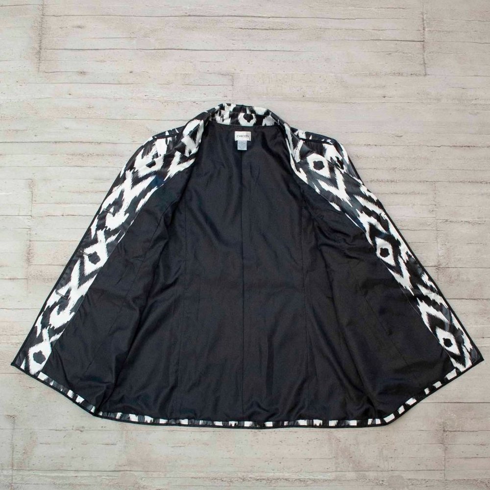 Chico's Lightweight Faux Leather Blazer in Black and White Ikat Print si… - Picture 6 of 8